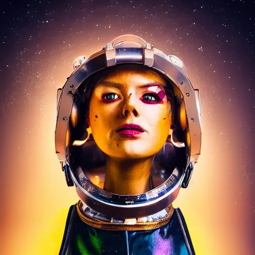 Prompt: pirate woman with iridescent skin, wearing steampunk astronaut clothes, bokeh, 8 k