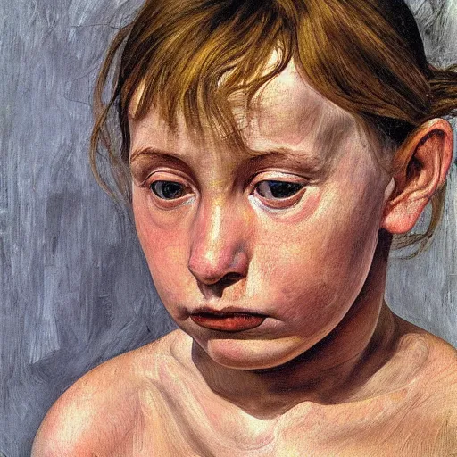 Image similar to high quality high detail painting by lucian freud, hd, portrait of a girl looking at the distance with despair, photorealistic lighting