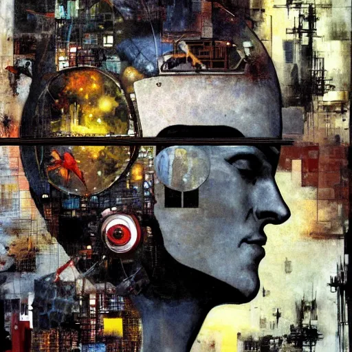 Prompt: the magnificent nature loving robot orion has a nostalgic view of life due to the current iteration of reality being reset and having to build frienships again, oil on canvas cover art by dave mckean and yoji shinkawa