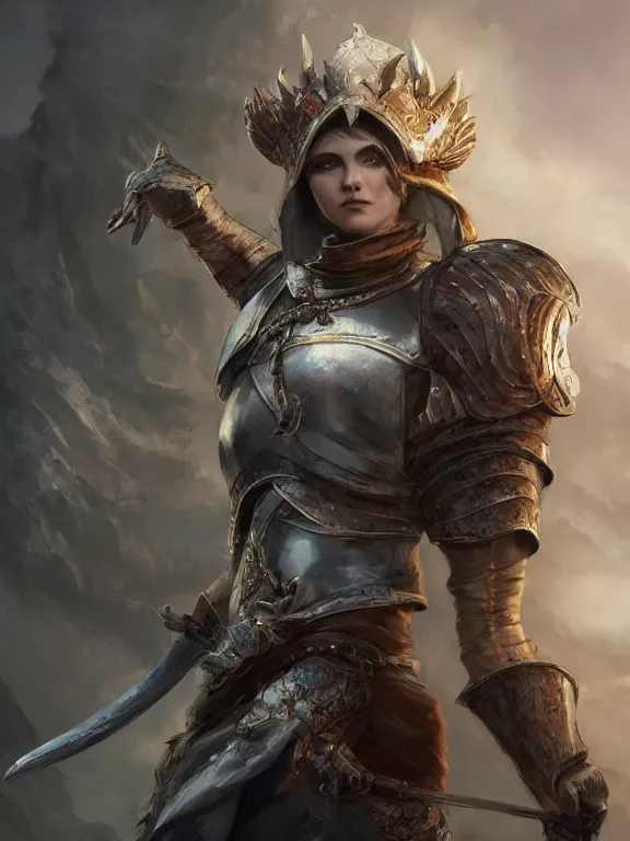 Prompt: a beautiful hyper realistic detailed epic concept art showing a noble knight women with her fist up and her spirit raccoon gradian above her, in the style of dragon age, featured on artstation