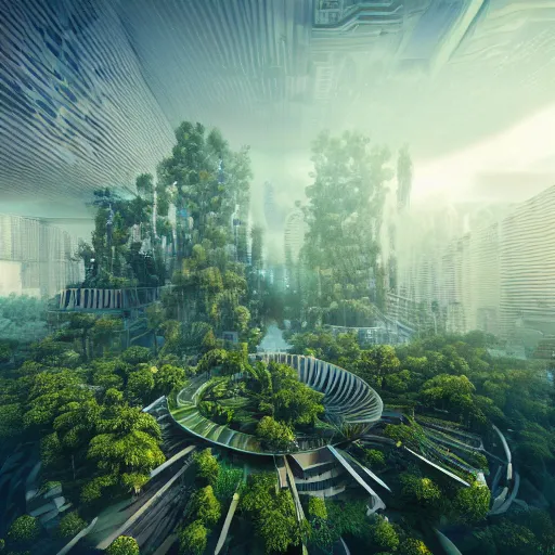 Image similar to extremely dense futuristic forest city, highly detailed, tilt shift, volumetric lighting, concept art, octane render, forestpunk, biomechanical, artstation