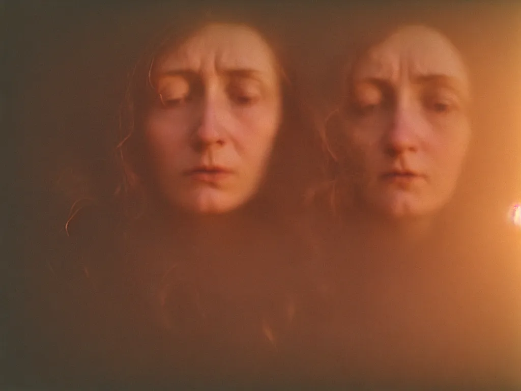 Image similar to close up portrait bust of woman, solemn expression, faded color film, russian cinema, tarkovsky, kodachrome, heavy forest, wood cabin in distance, long brown hair, old clothing, heavy fog, atmospheric haze, brown color palette, sunset, low light, hudson river school, 4 k, dramatic lighting