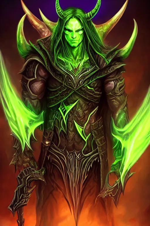 Image similar to illidan the demon hunter with band that cover his eyes with demon wings from world of warcraft with background digital painting trending on artstation