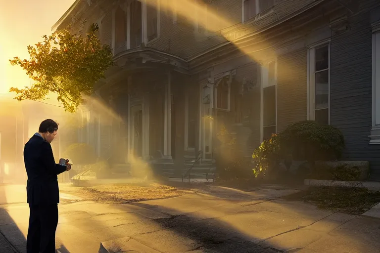 Prompt: business man smoking herb on the front stoop by marc adamus, morning, mist, smoke, rays of light, beautiful