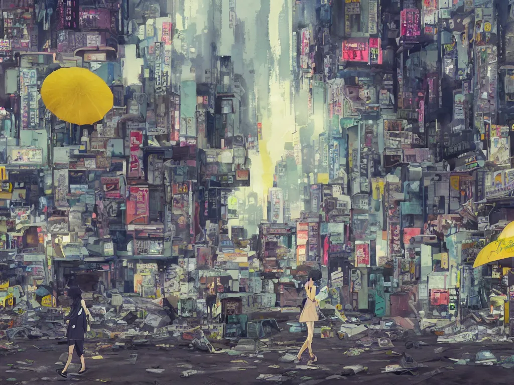 Image similar to incredible wide screenshot, ultrawide, simple watercolor, rough paper texture, ghost in the shell movie scene, backlit distant shot of girl in a parka running from a giant robot invasion side view, yellow parasol in deserted dusty shinjuku junk town, broken vending machines, bold graphic graffiti, old pawn shop, bright sun bleached ground, mud, fog, dust, windy, scary robot monster lurks in the background, ghost mask, teeth, animatronic, black smoke, pale beige sky, junk tv, texture, brown mud, dust, tangled overhead wires, telephone pole, dusty, dry, pencil marks, genius party,shinjuku, koji morimoto, katsuya terada, masamune shirow, tatsuyuki tanaka hd, 4k, remaster, dynamic camera angle, deep 3 point perspective, fish eye, dynamic scene