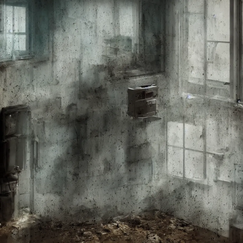 Image similar to an air conditioner above a window in a teenager's room flooding dirty water, blurred, faded, depth of field, sunny, ultra realistic, very detailed, by gerhard richter, neo rauch and nadav kander, 8 k hyper realistic detailed cinematic still