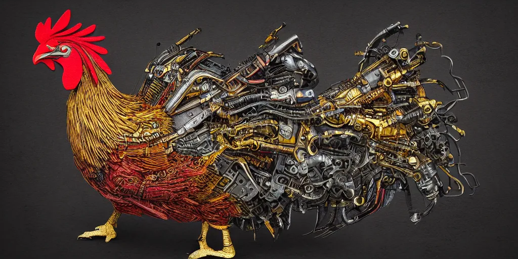 Image similar to colorful illustration of a fighting rooster made of car engine parts, dieselpunk, hyperrealism, intricate, highly detailed, dark color scheme, golden ratio