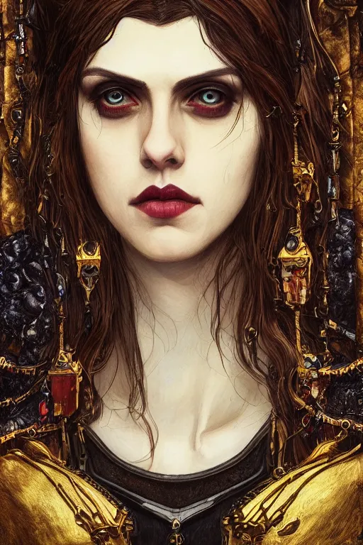 Image similar to portrait of beautiful gothic Alexandra Daddario, cyberpunk, Warhammer, highly detailed, artstation, illustration, art by Gustav Klimt