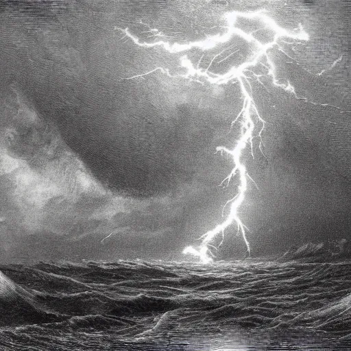 Image similar to drawing of large pepe the frog fighting lightning storm above a stormy ocean, by gustave dore, nineteenth century, black and white, vintage, science fiction, epic composition, dramatic lighting, highly detailed.