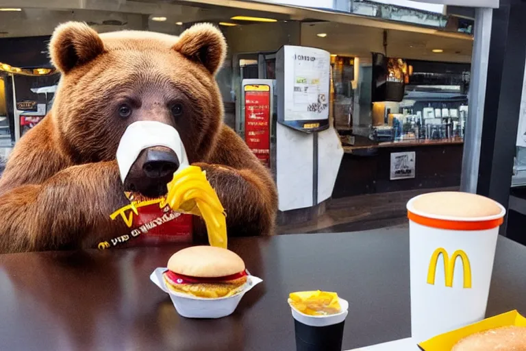 Image similar to a bear ordering a hamburger in mcdonalds