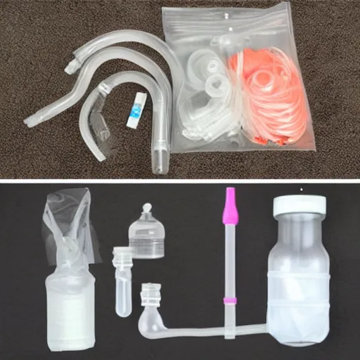 Image similar to musical instrument made out of clear tubing, syringes, urine collection bag, iv pole, fluid bag, nebulizer equipment