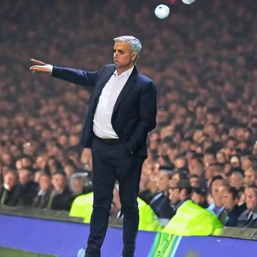 Image similar to close photograph, jose mourinho flying in the sky shooting lasers