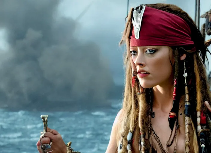 Image similar to film still of amber heard as captain jack sparrow in the new pirates of the carribean movie, 4 k