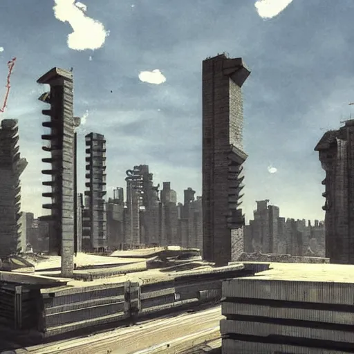 Image similar to brutalist city with sharp edges and (concrete) walls and busy streets, highly detailed, sky shot, in the bright day, in the far future.