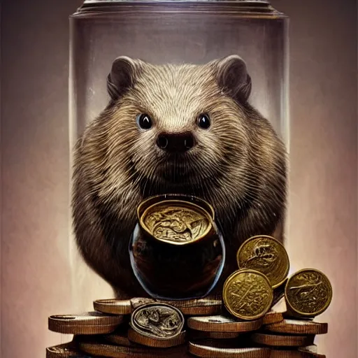 Image similar to a beautiful detailed 3d matte portrait of a alchemist beaver, by ellen jewett, by tomasz alen kopera, by Justin Gerard, ominous, magical realism, texture, intricate, skull, skeleton, gold coins, money, whirling smoke, alchemist bottles, radiant colors, fantasy, volumetric lighting, high details