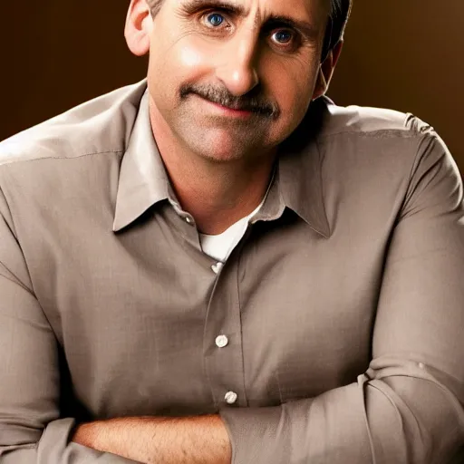 Image similar to full body photo of steve carell, mature male, mysterious face. he is sitting gracefully on a sofa, elegant slim beige shirt, tight shirt, bouncy belly