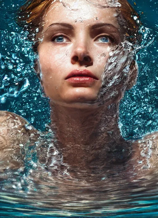 Prompt: A beautiful closeup portrait of a woman fully submerged ecxept of the top of his head, excited look in her eyes, water reflection, in style of frontiers in a spring water fall surrounded by greenery, highly detailed, soft lighting, elegant,sigma 85mm, shallow depth of field, Edward Hopper and James Gilleard, Zdzislaw Beksinski, Steven Outram, highly detailed