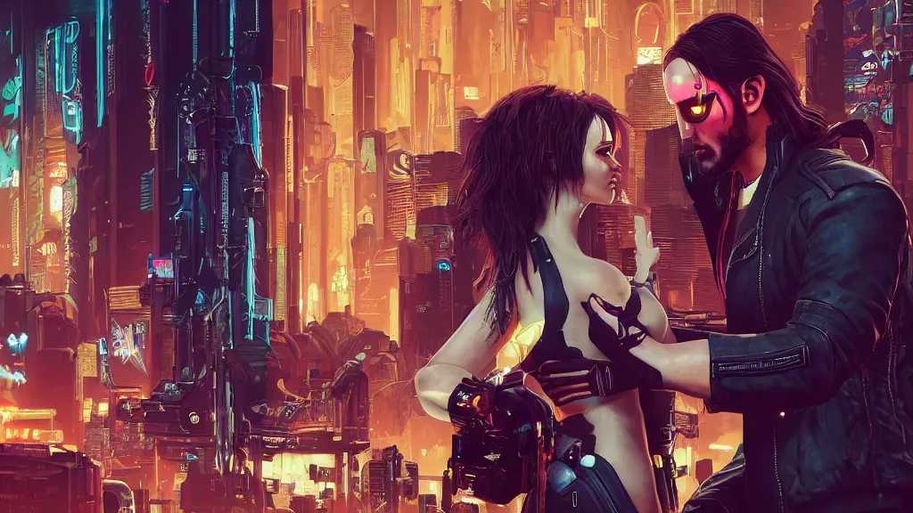 Image similar to a cyberpunk 2077 srcreenshot couple portrait of jhony silverhand & female android in kiss,love story,film lighting,by Laurie Greasley,Lawrence Alma-Tadema,Dan Mumford,John Wick,Speed,Replicas,artstation,deviantart,FAN ART,full of color,Digital painting,face enhance,highly detailed,8K,octane,golden ratio,cinematic lighting