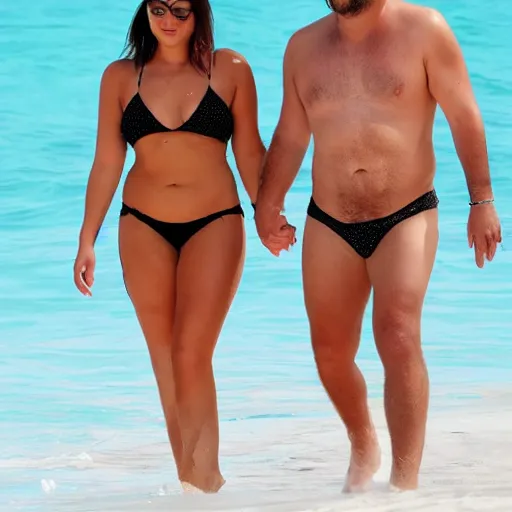 Image similar to photo of a 4 0 year old man that looks young for his age dating a very attractive 2 2 year old woman wearing a bikini.