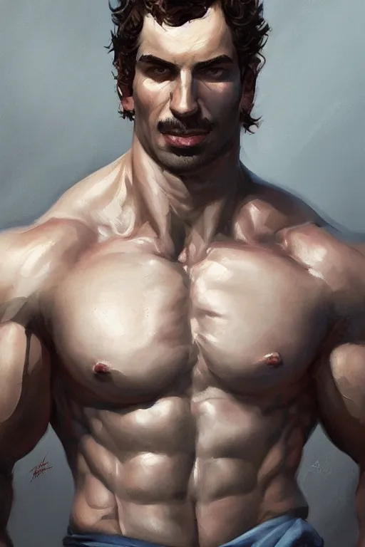 Prompt: portrait of crossfiter guillaume briant upper part of the body, powerful, musculated, he got a big french musctache, by aenaluck, artgerm and roberto ferri and greg rutkowski, blue and white tones, digital painting, artstation, concept art, smooth, sharp foccus ilustration hq