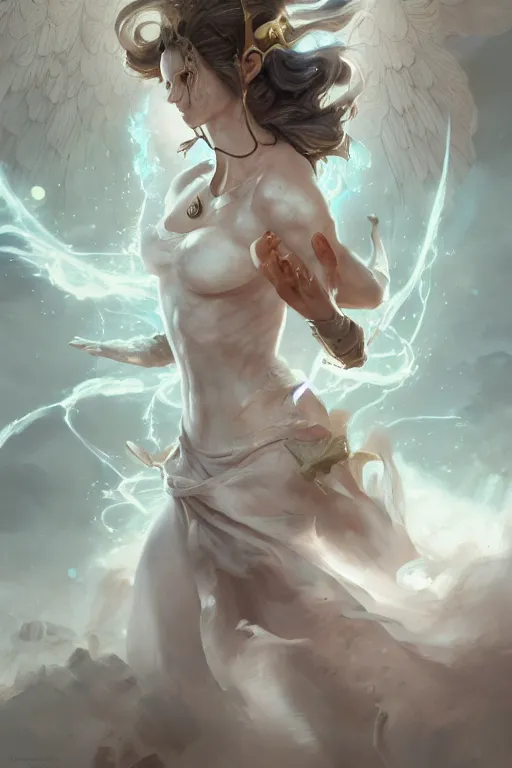 Image similar to beautiful girl warrior in white dress, casting magic spell, angel, magic storm and thunder clouds, fantasy, magic the gathering, hyper detailed, 3 d render, hyper realistic detailed portrait, peter mohrbacher, wlop, ruan jia