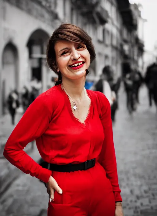 Image similar to color portrait of a beautiful 35-year-old smiling Italian woman, wearing a red outfit, candid street portrait in the style of Mario Testino close up, detailed, award winning, Sony a7R