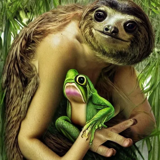 Image similar to a very trippy scene. of a half man half sloth making out with a frog