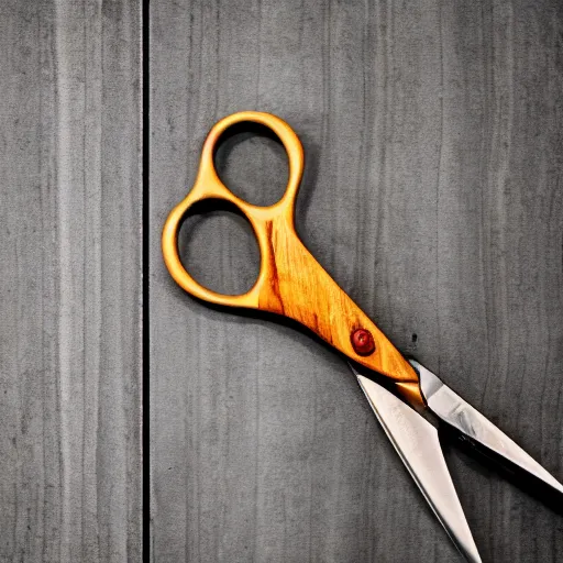 Image similar to scissors on a wood surface, photograph, 4 k