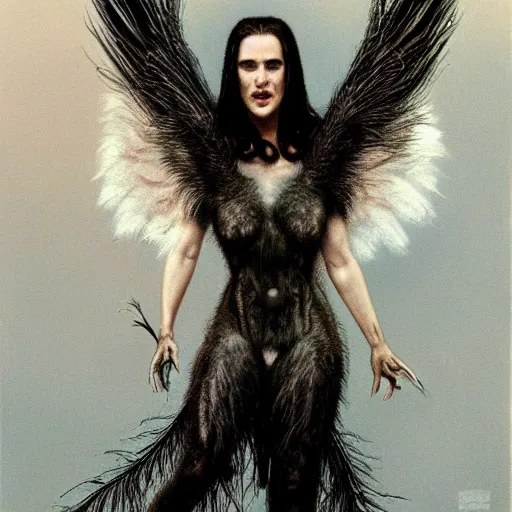Prompt: young innocent jennifer connelly as youthful alien bird - woman, modestly dressed, gray skin, huge wings, black feathers instead of hair, black feathers growing out of skin, bumpy skin, screaming, losing control, black feathers growing out of face, black hands with black claws, comic book, in library, giger, mucha, trending on artstation