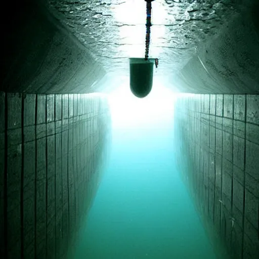 Prompt: a dark underwater tunnel that has machinery and pipes along the walls, dark, scary, horror, eerie, submechanophobia,