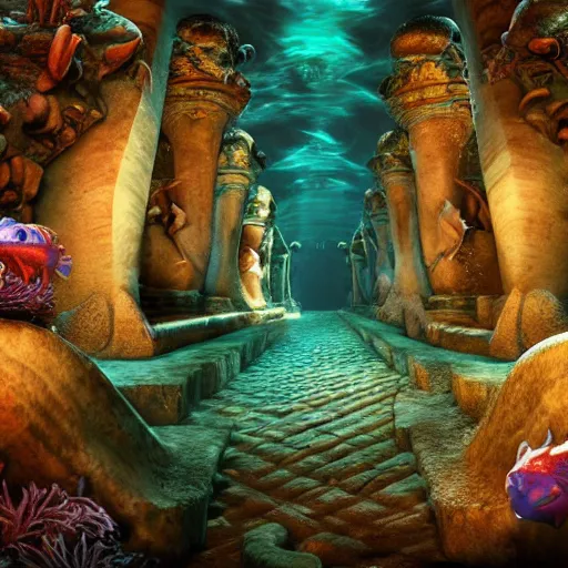 Prompt: of the lost city of Atlantis undersea with strange creatures swimming around, low angle, octane render, macro, shallow dof, ultra realistic, hyper-realistic, exquisite architecture, hyper-realistic, ultra-detailed, cinematic lighting, vibrant colors, W- 1028