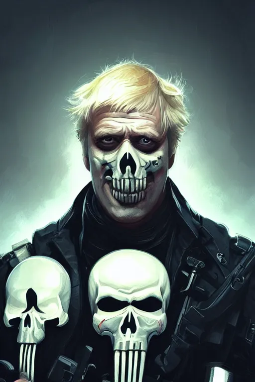 Image similar to Boris Johnson as Punisher, realitic portrait, skull image on the vest, highly detailed, digital painting, artstation, concept art, smooth lines, sharp focus, illustration, cinematic lighting, art by artgerm and greg rutkowski and alphonse mucha