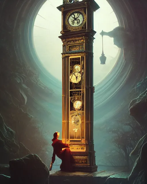 Image similar to highly detailed surreal vfx portrait of a sacred monolithic grandfather clock, stephen bliss, unreal engine, greg rutkowski, loish, rhads, beeple, makoto shinkai and lois van baarle, ilya kuvshinov, rossdraws, tom bagshaw, alphonse mucha, global illumination, detailed and intricate environment