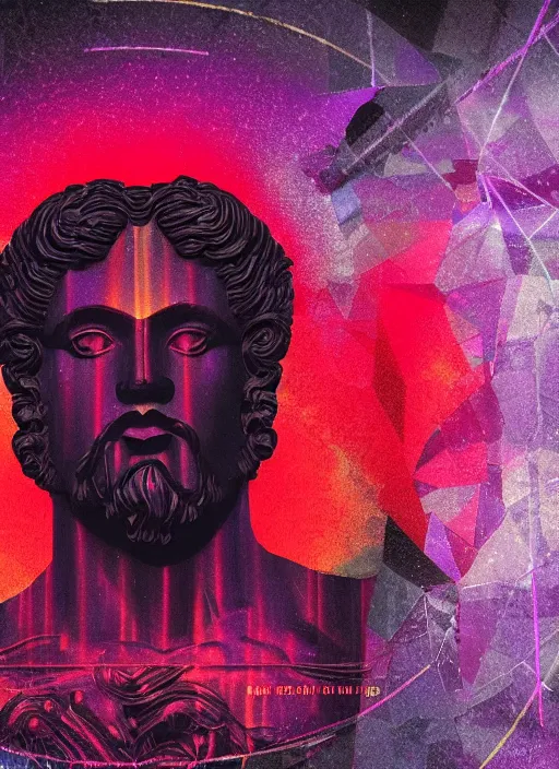 Prompt: black background with subtle red and purple geometric design elements, statue of hercules, nekro, graphic design, collage art, dark, glitch art, neo vaporwave, gritty, layout frame, trending on artstation