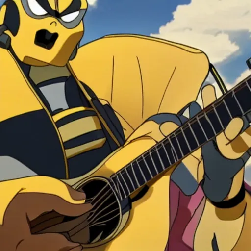 Image similar to bumblebee singing on stage with a microphone and acoustic guitar in an anime