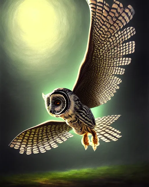 Prompt: an extremely detailed masterpiece painting of a fammulated owl in flight, in the style of brian froud, brian despain, brian bolland, digital art, unreal engine, volumetric lighting, dark moody lighting, trending on artstation, photorealistic, epic scene