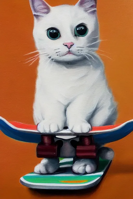 Image similar to oil painting of cute cat on a skateboard