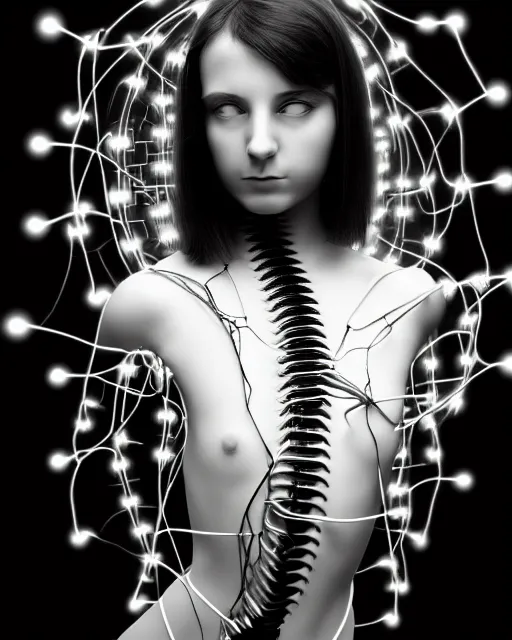 Image similar to black and white artistic photo, young female cyborg - plant goddess, microchip, artificial intelligence, bio - mechanical bio - luminescence, black wired cables, cinematic, rim light, photo - realistic, 8 k, in the style of dora maar and h. g. giger