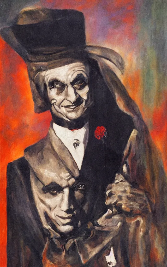 Image similar to portrait of conrad veidt as gwynplaine freakish grin, award winning oil painting, sharp color palette