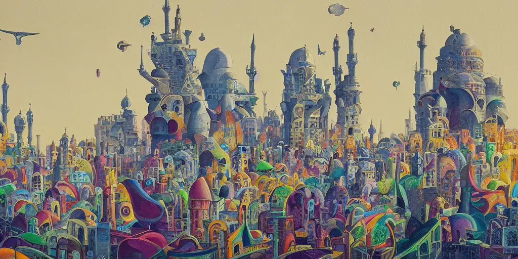 Image similar to a beautiful painting of islamic architecture, city landscape, colorful, louis kahn, fantasy, futuristic, by yves tanguy, trending on artstation