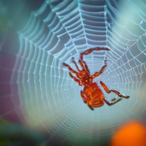 Image similar to high quality close-up photo translucent gelatinous spiders! gorgeous highly detailed hannah yata elson peter cinematic orange lighting high quality low angle hd 8k sharp shallow depth of field