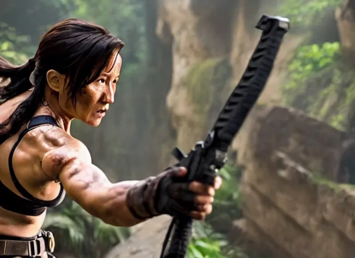 Image similar to film still of!!!! jackie chan jackie chan jackie chan!!! as lara croft in new tomb raider movie, 8 k