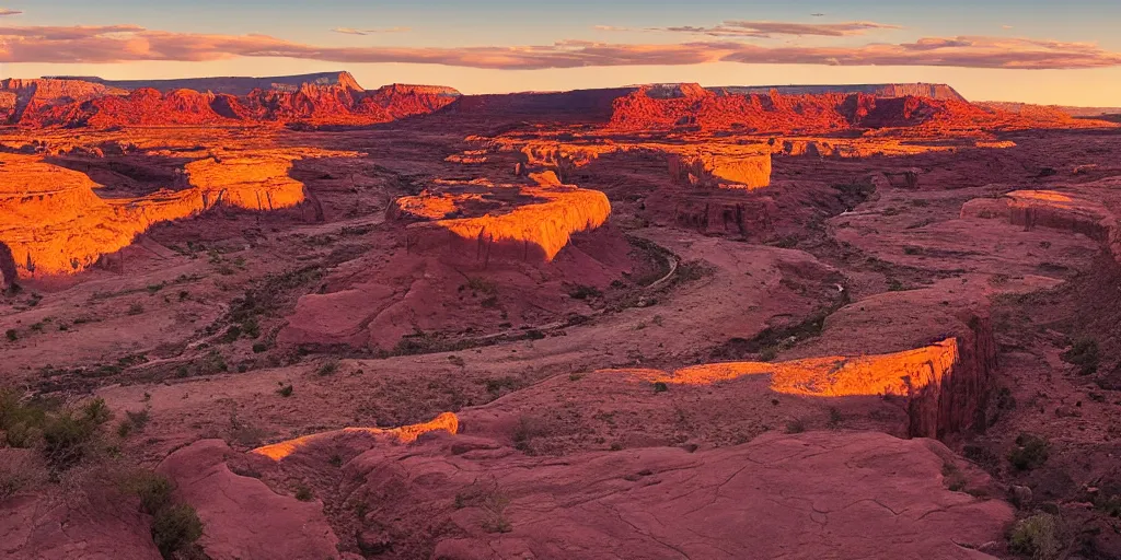 Image similar to “a dried river bend through a canyon surrounded by desert mountains at sunset, moab, utah, a tilt shift photo by Frederic Church, trending on unsplash, hudson river school, photo taken with provia, national geographic photo”