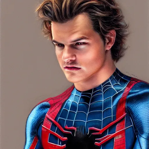 Prompt: a realistic portrait of Joe Keery in a spider-man suit, cute face, 4k, art by Donato Giancola and Bayard Wu and WLOP and Artgerm, exquisite detail, hyper realism, ornate, masterpiece, artstation