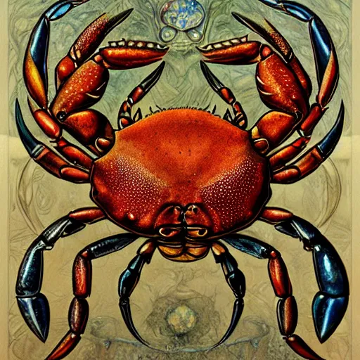 Image similar to detailed and sharp portrait of crab zodiac artwork, mystic style, detailed, 8 k, detailed, symmetrical, by brian froud