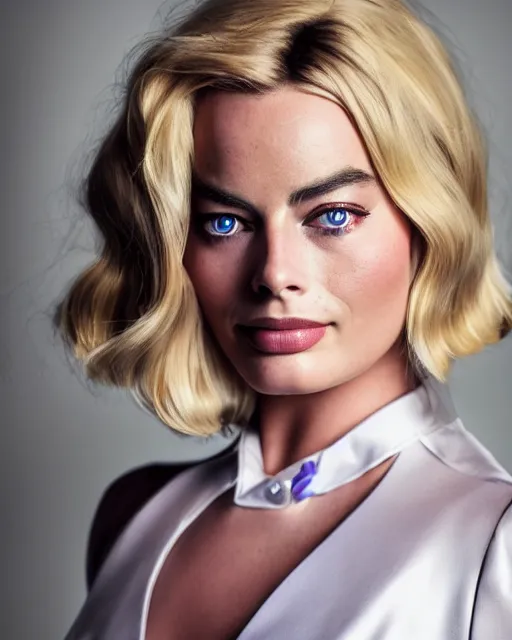 Image similar to A portrait of a margot robbie in a cosplay uniform, piercing eyes, highly detailed, bokeh, professional photograph, full body shot 4K, HD