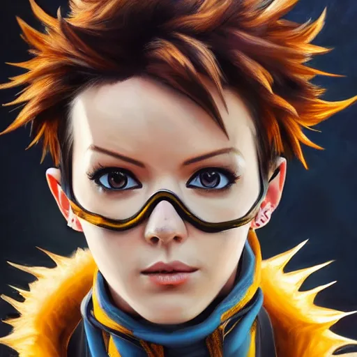 Image similar to oil painting of tracer overwatch in a field wearing spiked collar around neck, in style of mark arian, expressive face, detailed face, detailed eyes, full body, feminine face, tracer overwatch,