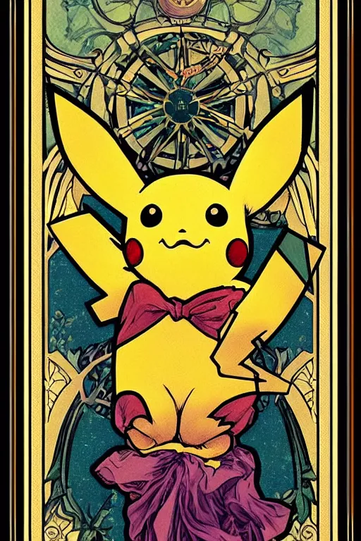 Image similar to Pikachu tarot card, art nouveau style, painterly, digital art, ornate borders, intricate details, dream atmosphere, light toned, pastel colors, cute, adorable, concept art, Pixiv, Deviantart, Behance, trending on artstation, by Naoki Saito and James jean and James Gurney and Alphonse Mucha