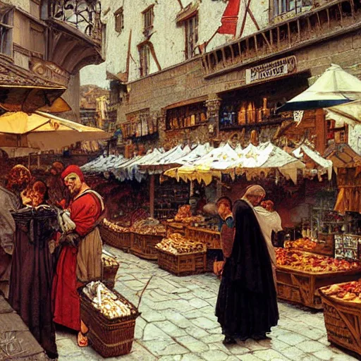 Image similar to a busy medieval Mediterranean street market , beautiful digital art, cinematic composition, detailed, concept art, Matt painting, oil painting,, art by Norman Rockwell