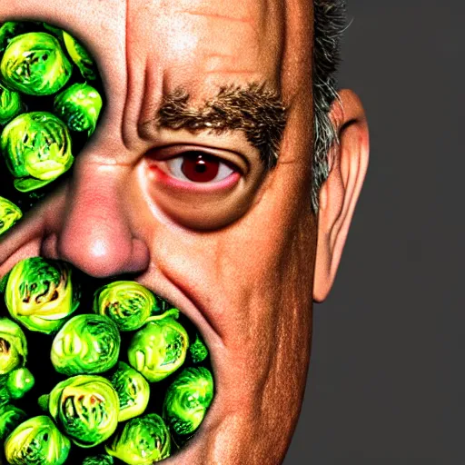 Prompt: a face made of brussels sprouts made of tom hanks, 8 k, trending on artstation, 8 0 mm photography, hyperrealistic